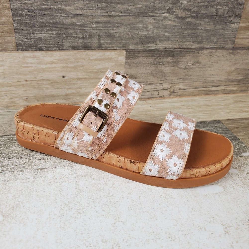 Lucky Brand Dineesa Womens Flat Sandals Sz 7 M Natural Studded Two Band Slip On